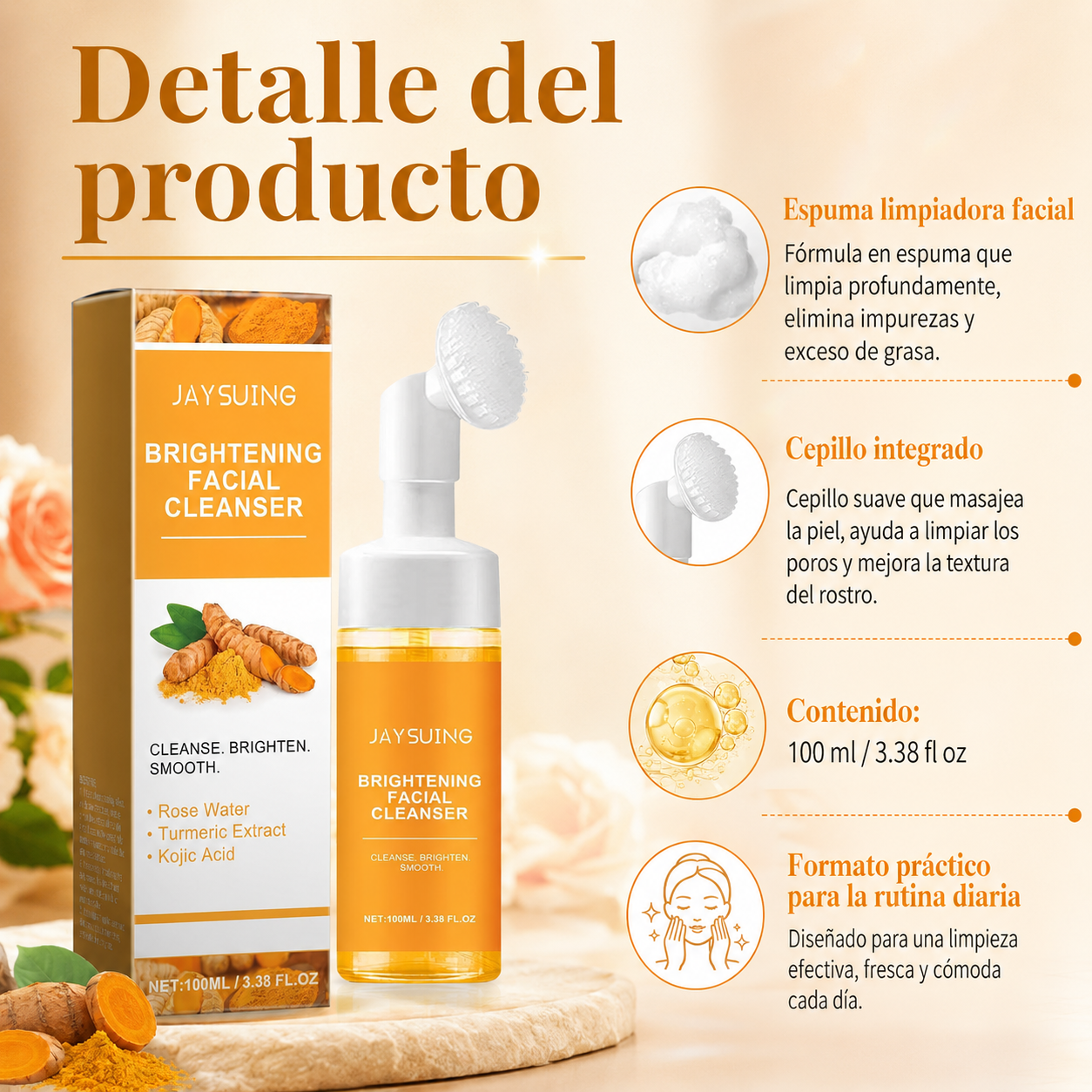 Espuma Limpiadora Facial Iluminadora JAYSUING con Ácido Kójico y Cúrcuma, Espuma Limpiadora con Cepillo, para Piel Fresca, Suave y Luminosa, 100 ml
