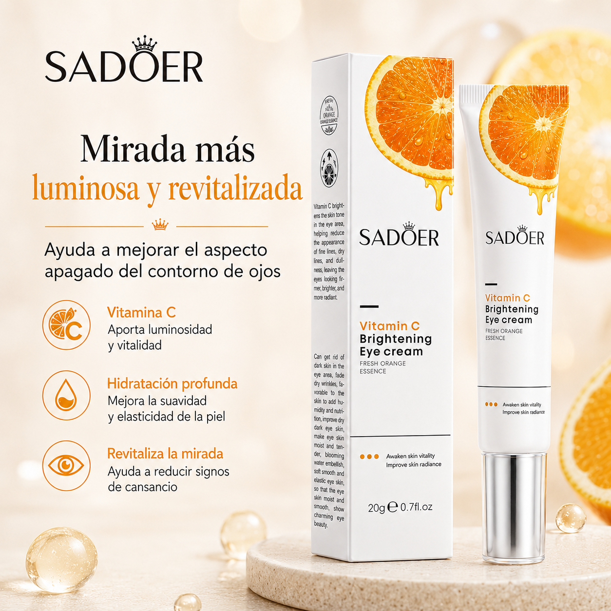 Crema de Ojos con Vitamina C SADOER 20g | Hidratación, Luminosidad y Cuidado del Contorno de Ojos