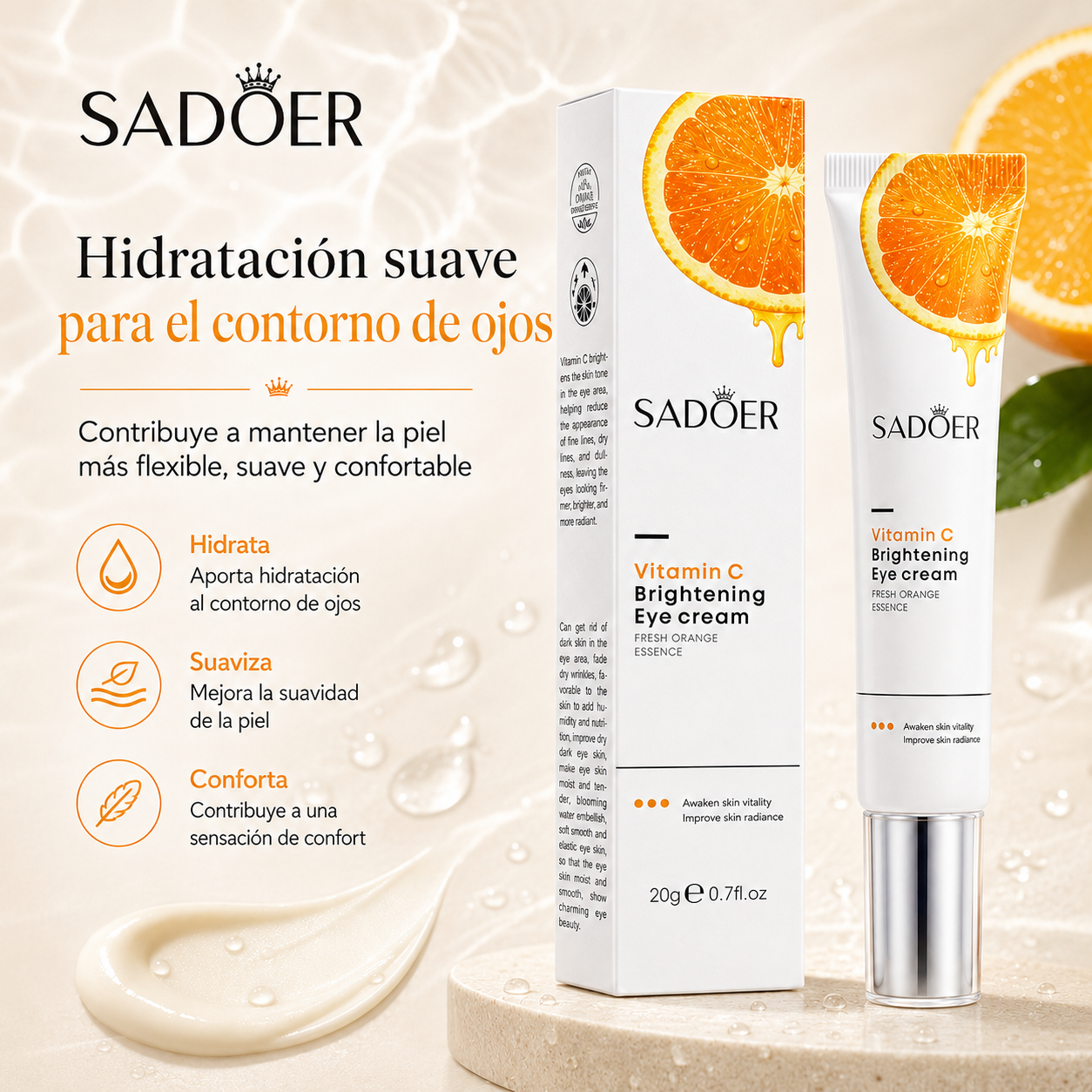 Crema de Ojos con Vitamina C SADOER 20g | Hidratación, Luminosidad y Cuidado del Contorno de Ojos