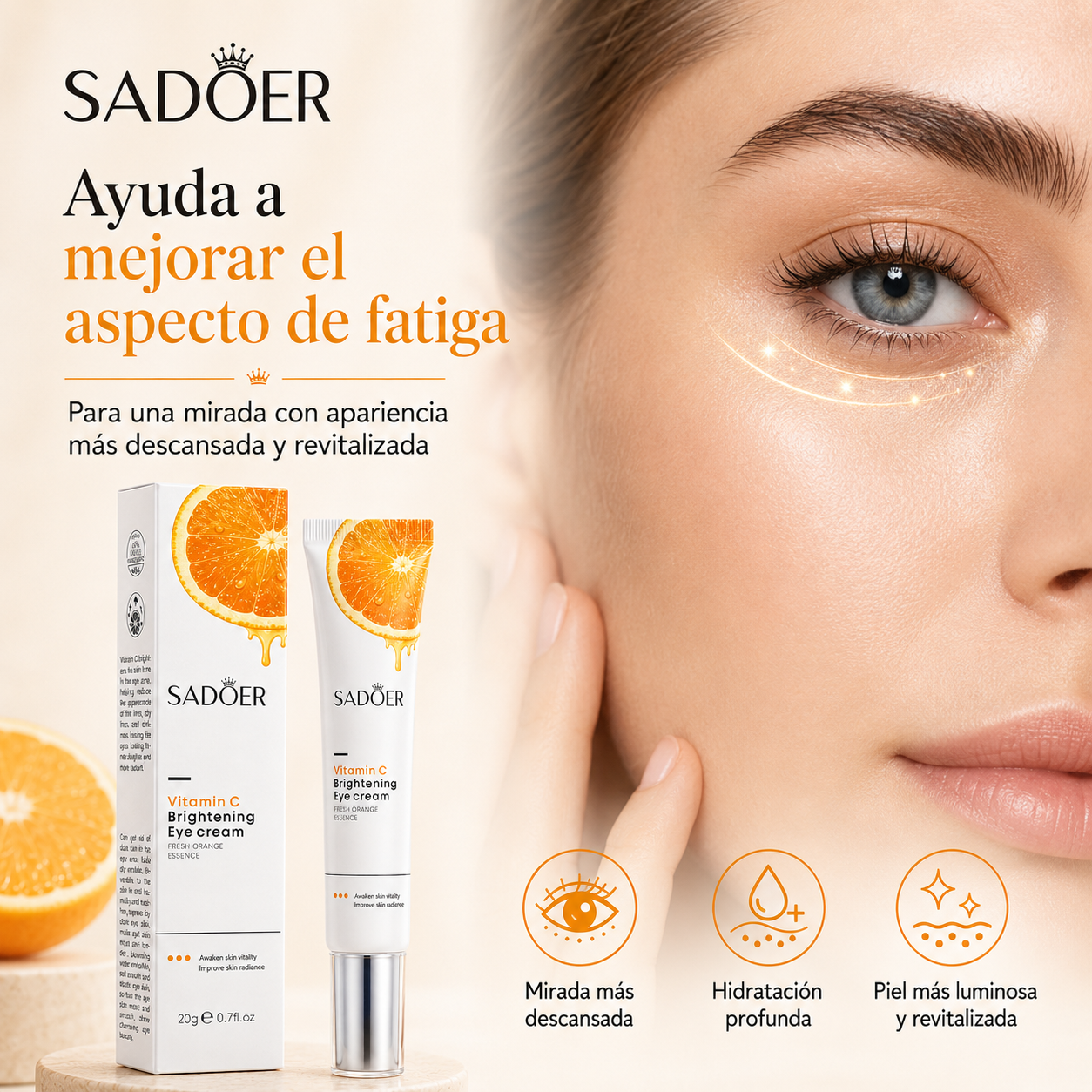 Crema de Ojos con Vitamina C SADOER 20g | Hidratación, Luminosidad y Cuidado del Contorno de Ojos