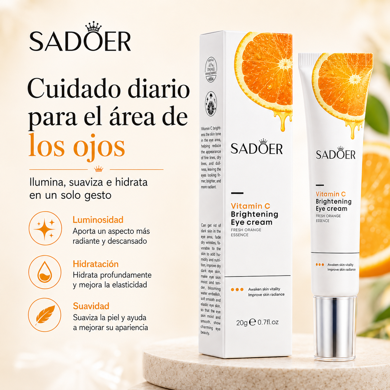 Crema de Ojos con Vitamina C SADOER 20g | Hidratación, Luminosidad y Cuidado del Contorno de Ojos