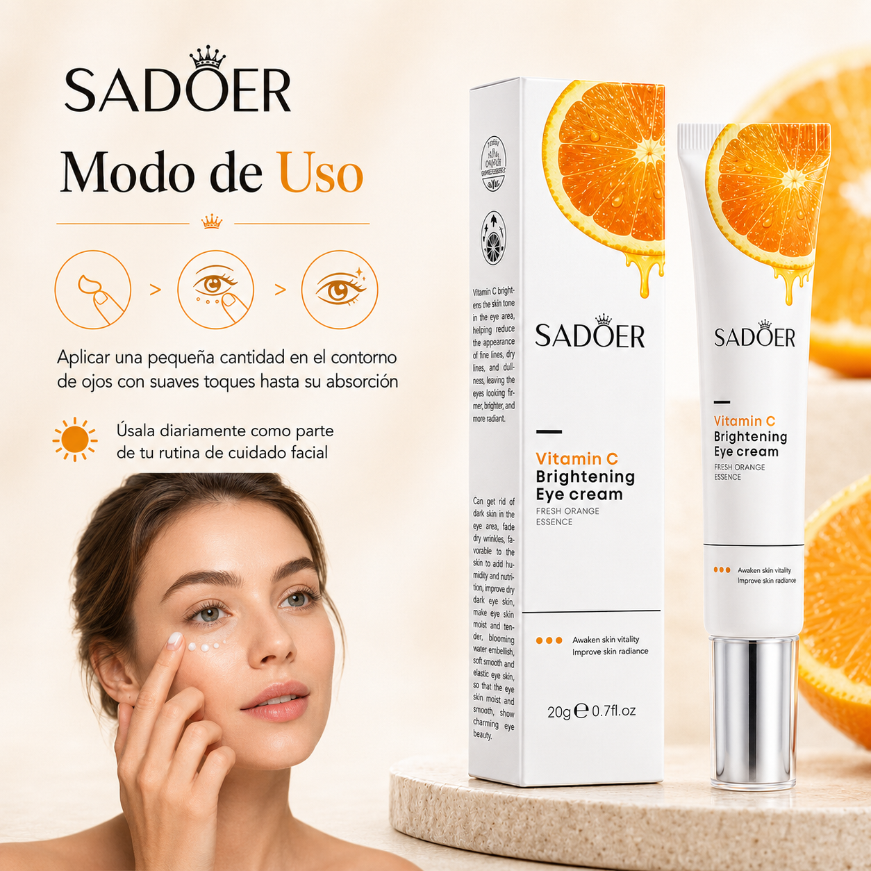 Crema de Ojos con Vitamina C SADOER 20g | Hidratación, Luminosidad y Cuidado del Contorno de Ojos