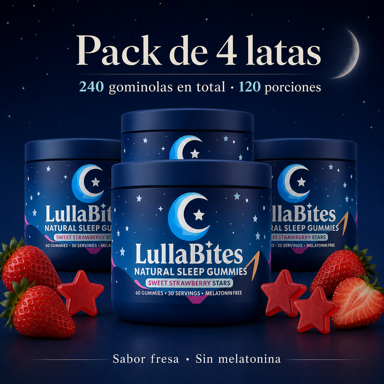 LullaBites Gummies para el Bienestar Nocturno sin Melatonina con 5-HTP, L-Teanina, Magnesio Glicinato, Valeriana y Pasiflora – Sabor Fresa, 60 Gummies