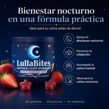 LullaBites Gummies para el Bienestar Nocturno sin Melatonina con 5-HTP, L-Teanina, Magnesio Glicinato, Valeriana y Pasiflora – Sabor Fresa, 60 Gummies