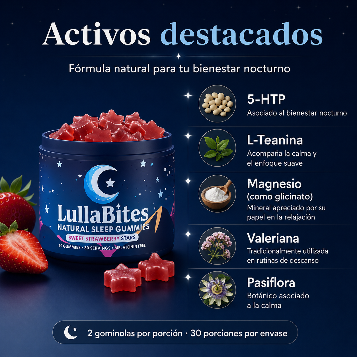 LullaBites Gummies para el Bienestar Nocturno sin Melatonina con 5-HTP, L-Teanina, Magnesio Glicinato, Valeriana y Pasiflora – Sabor Fresa, 60 Gummies