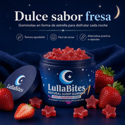 LullaBites Gummies para el Bienestar Nocturno sin Melatonina con 5-HTP, L-Teanina, Magnesio Glicinato, Valeriana y Pasiflora – Sabor Fresa, 60 Gummies