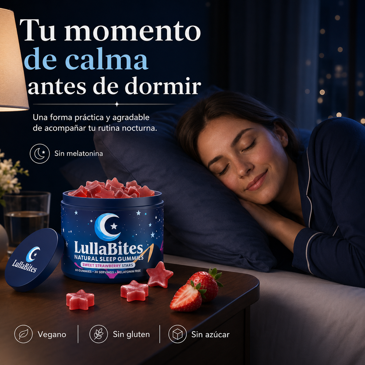 LullaBites Gummies para el Bienestar Nocturno sin Melatonina con 5-HTP, L-Teanina, Magnesio Glicinato, Valeriana y Pasiflora – Sabor Fresa, 60 Gummies