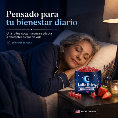 LullaBites Gummies para el Bienestar Nocturno sin Melatonina con 5-HTP, L-Teanina, Magnesio Glicinato, Valeriana y Pasiflora – Sabor Fresa, 60 Gummies