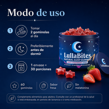 LullaBites Gummies para el Bienestar Nocturno sin Melatonina con 5-HTP, L-Teanina, Magnesio Glicinato, Valeriana y Pasiflora – Sabor Fresa, 60 Gummies