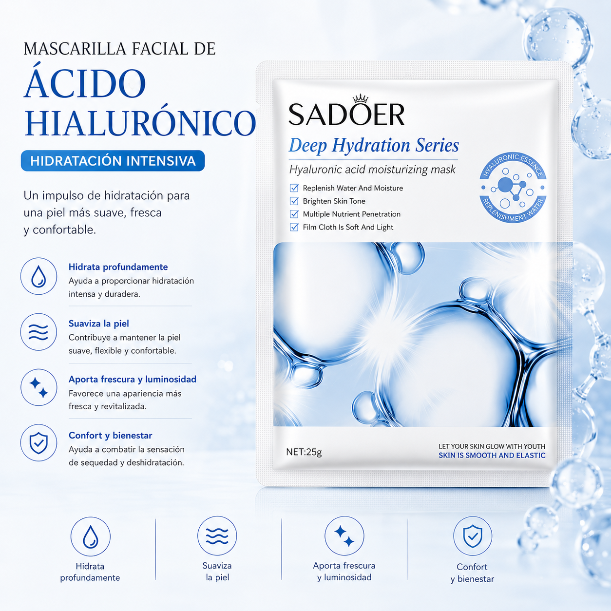 Mascarilla Facial de Ácido Hialurónico | Hidratación Intensiva