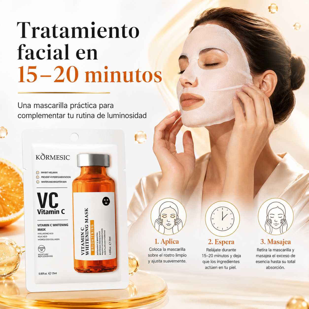 Mascarilla Facial KORMESIC Vitamina C y Ácido Kójico 25 ml | Iluminadora, Hidratante y Tono Uniforme