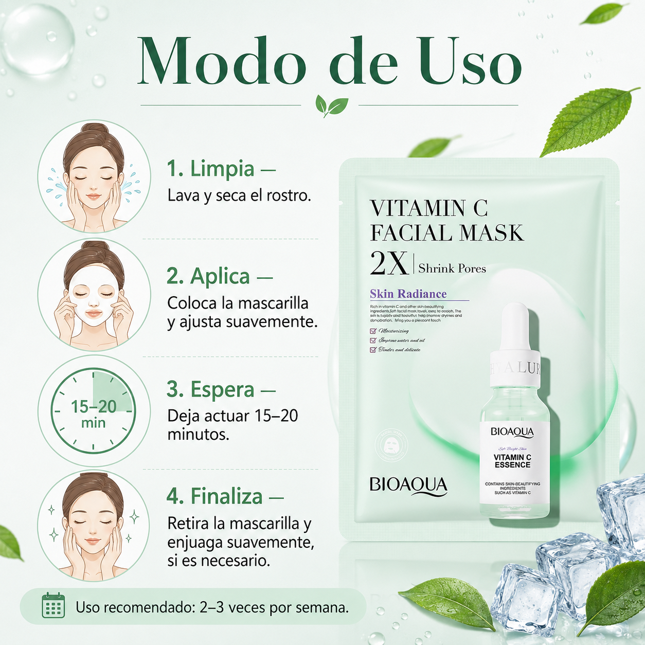 Mascarilla Facial BIOAQUA con Vitamina C 30g | Hidratante, Iluminadora, Poros Refinados y Piel Radiante