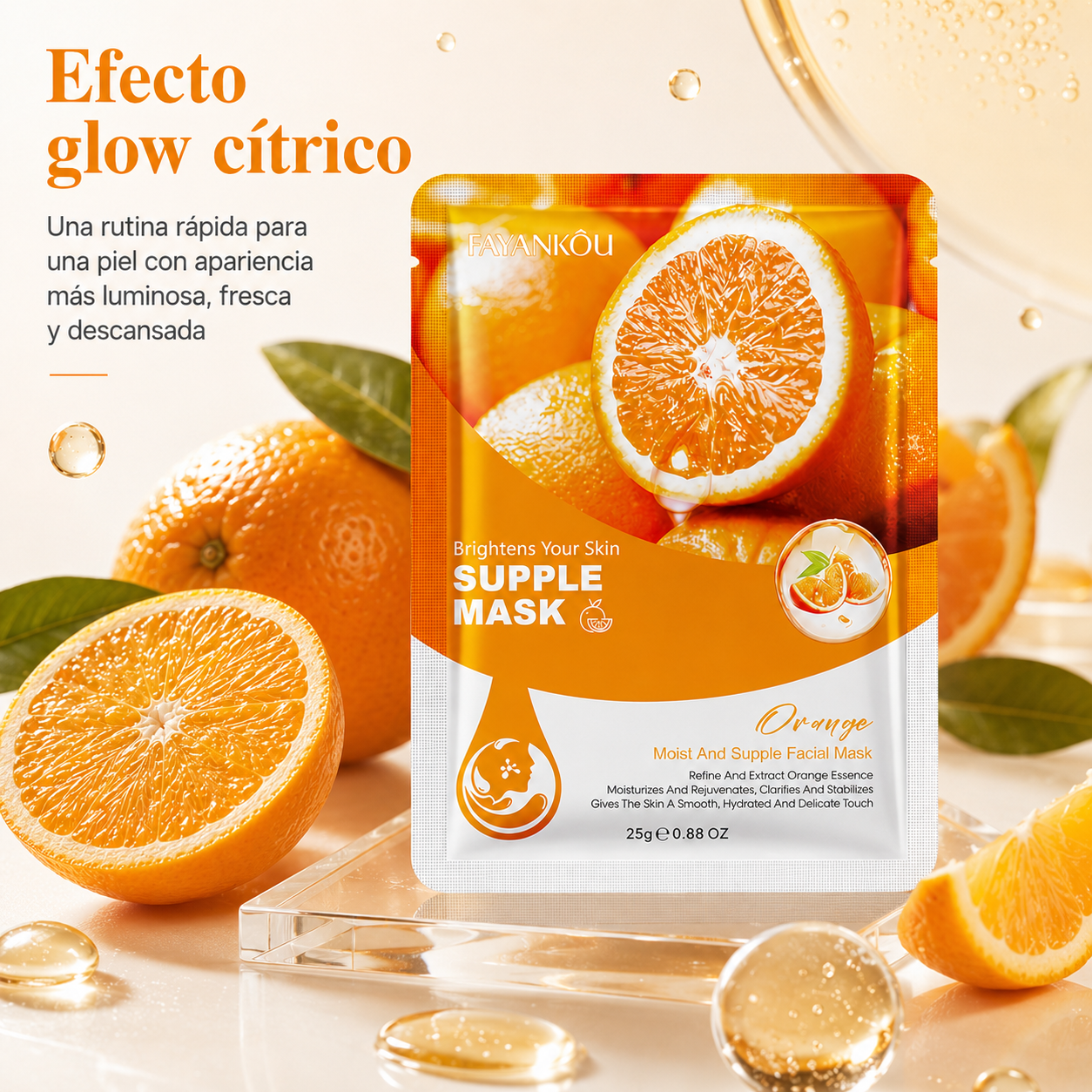 Mascarilla Facial Iluminadora de Naranja Fayankou 25g | Vitamina C Estabilizada, Niacinamida e Hialuronato