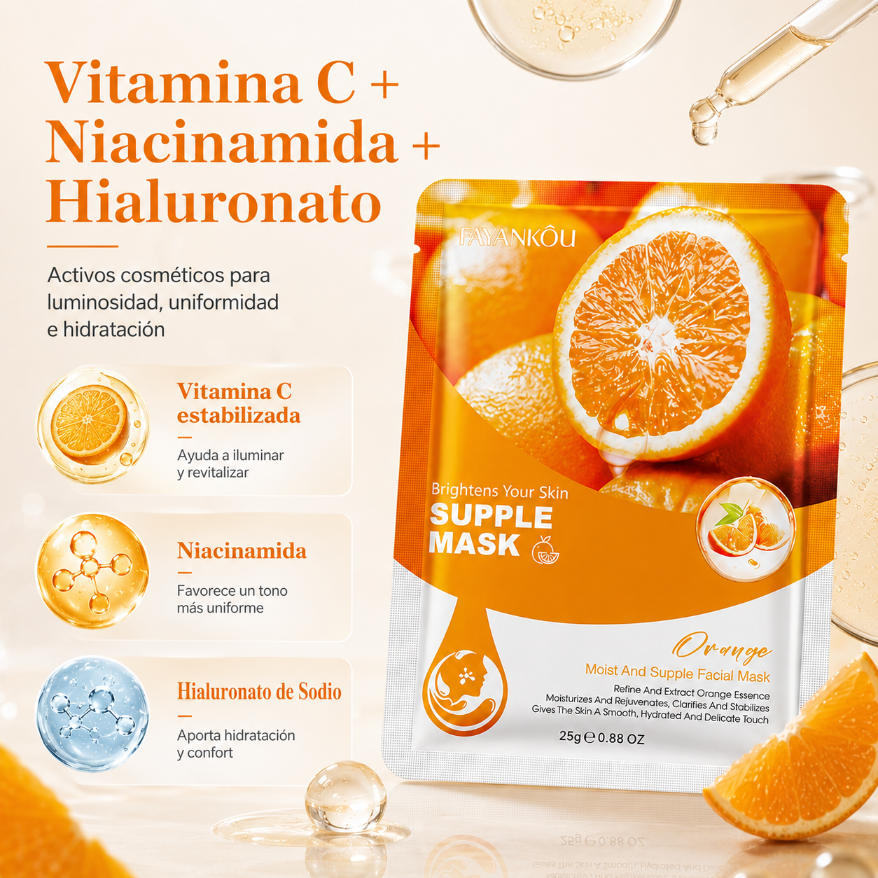 Mascarilla Facial Iluminadora de Naranja Fayankou 25g | Vitamina C Estabilizada, Niacinamida e Hialuronato