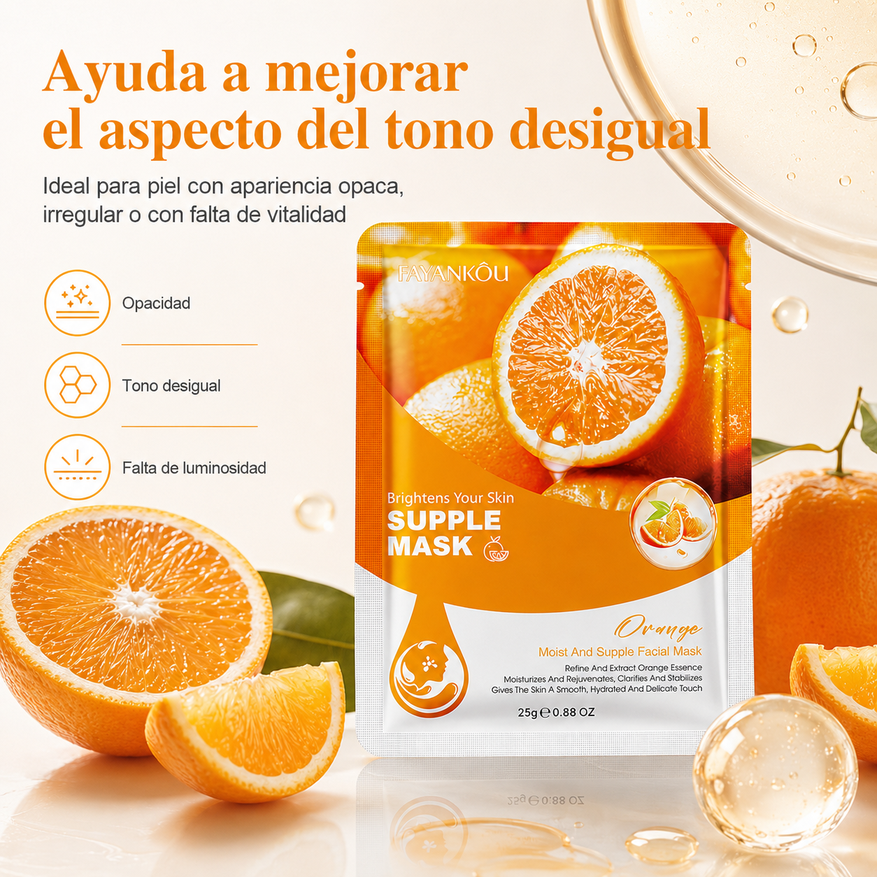 Mascarilla Facial Iluminadora de Naranja Fayankou 25g | Vitamina C Estabilizada, Niacinamida e Hialuronato
