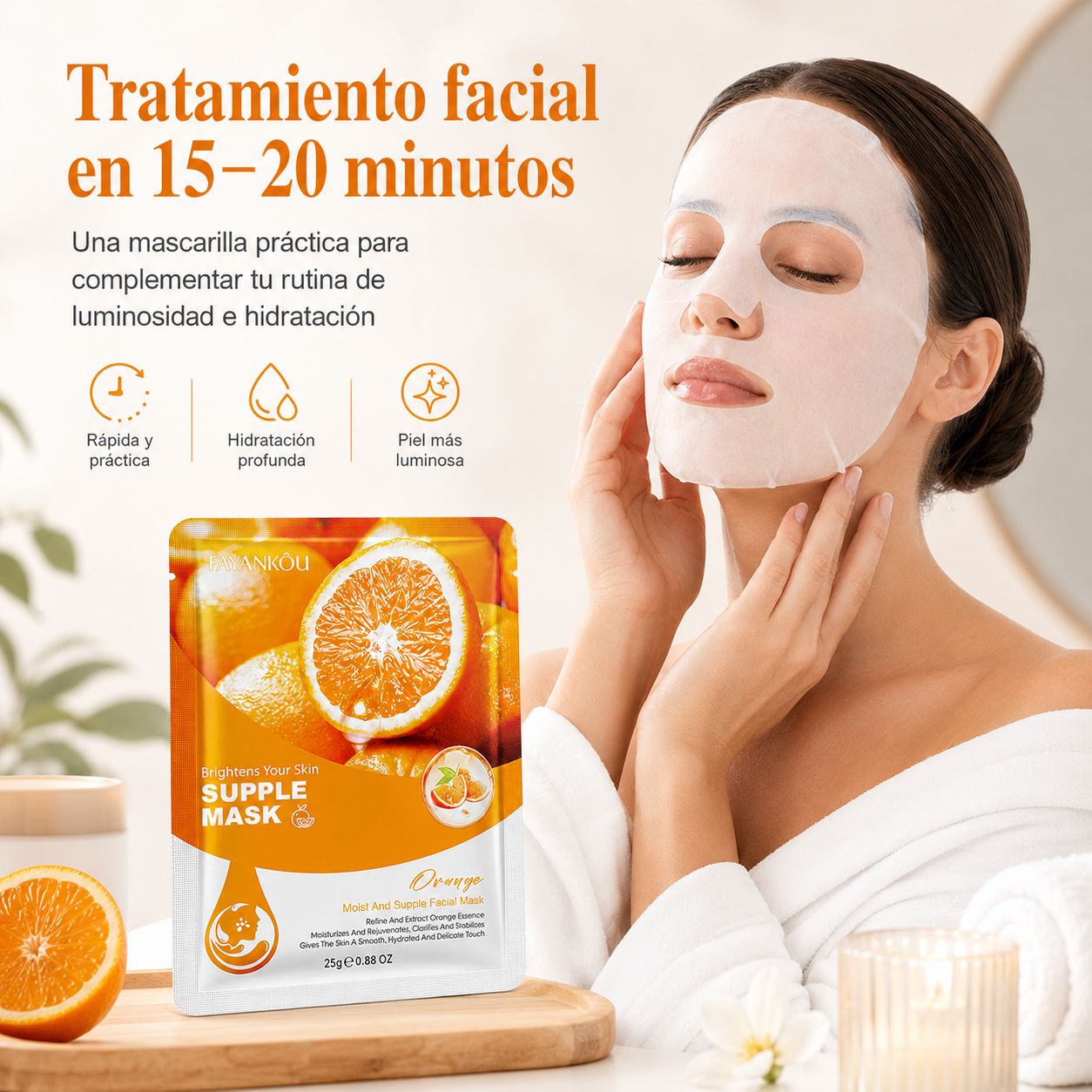 Mascarilla Facial Iluminadora de Naranja Fayankou 25g | Vitamina C Estabilizada, Niacinamida e Hialuronato