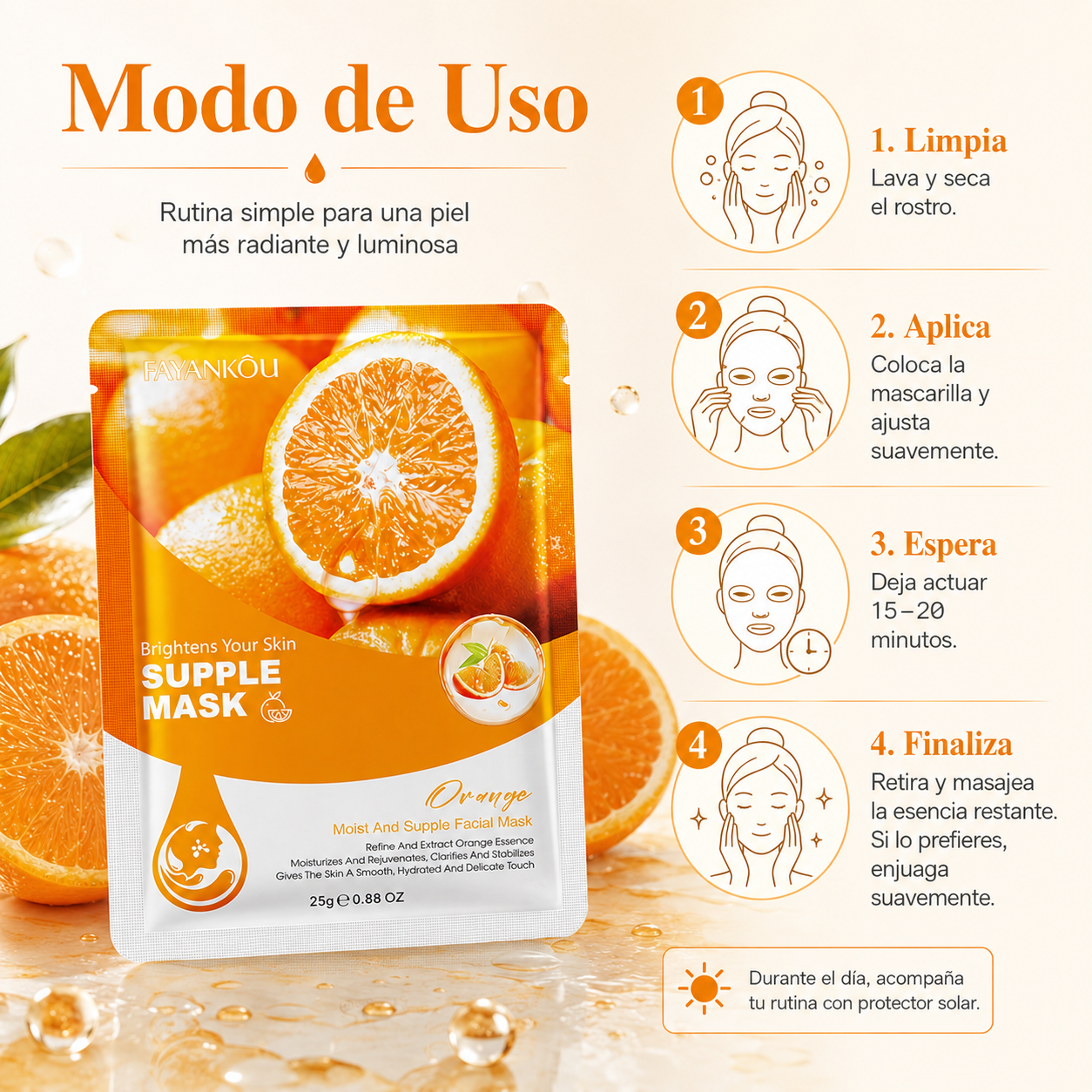 Mascarilla Facial Iluminadora de Naranja Fayankou 25g | Vitamina C Estabilizada, Niacinamida e Hialuronato