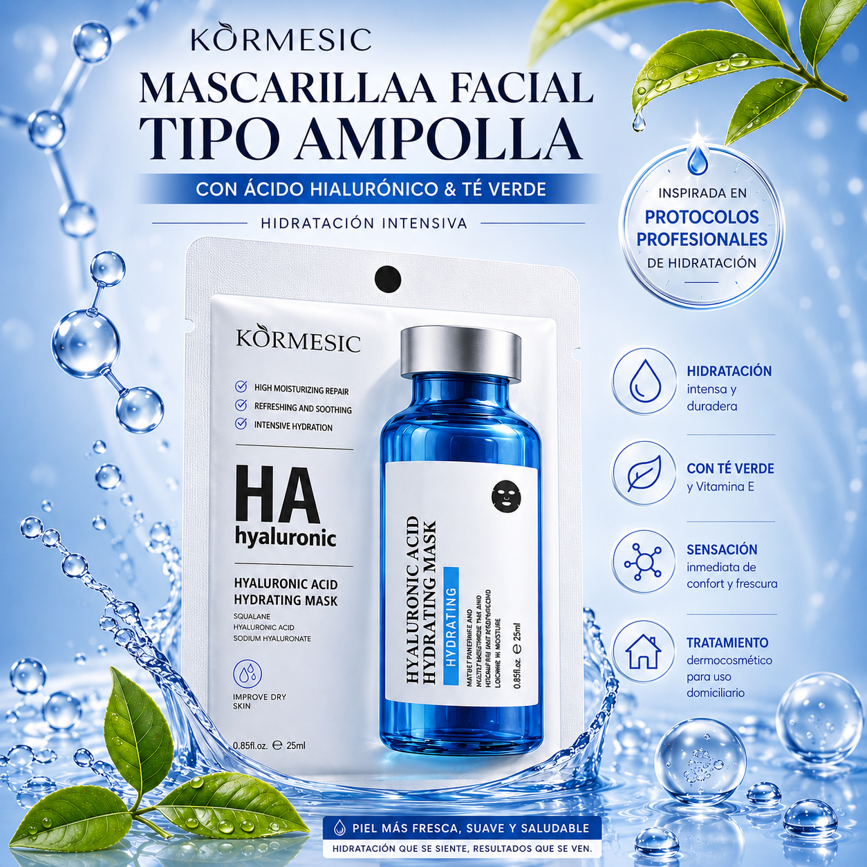Mascarilla Facial con Ácido Hialurónico y Té Verde | Hidratación Intensiva 25ml