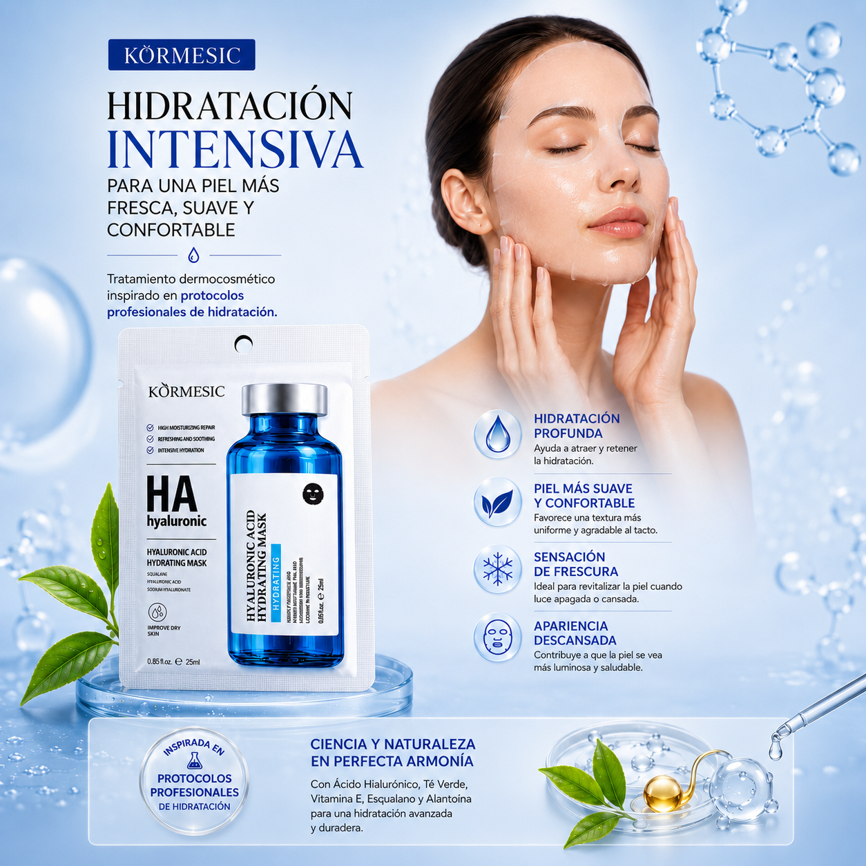 Mascarilla Facial con Ácido Hialurónico y Té Verde | Hidratación Intensiva 25ml