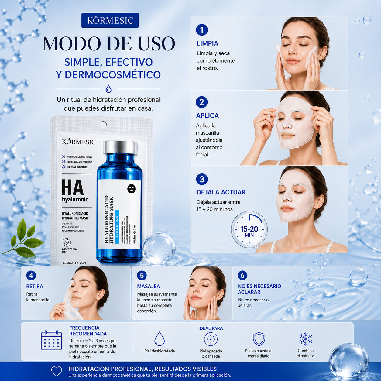 Mascarilla Facial con Ácido Hialurónico y Té Verde | Hidratación Intensiva 25ml