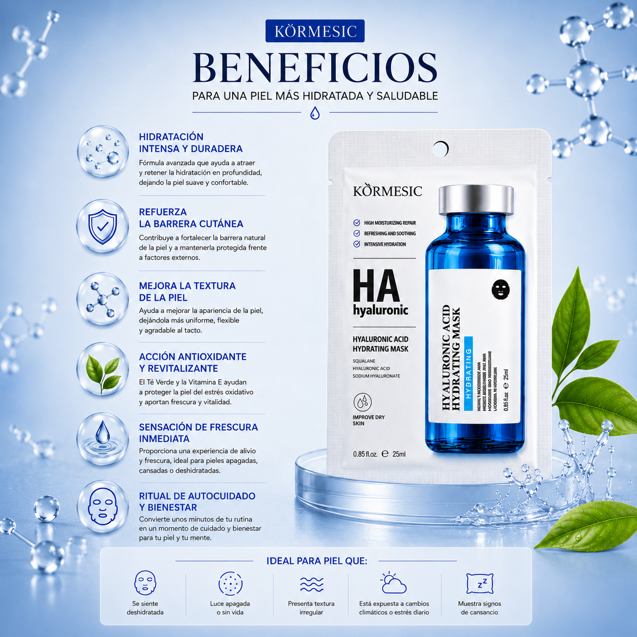 Mascarilla Facial con Ácido Hialurónico y Té Verde | Hidratación Intensiva 25ml