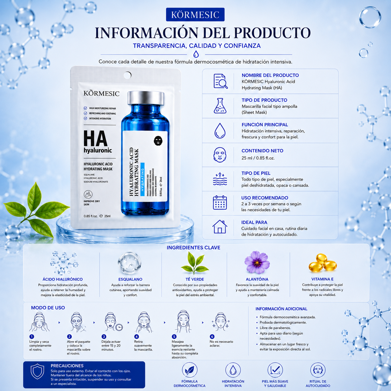 Mascarilla Facial con Ácido Hialurónico y Té Verde | Hidratación Intensiva 25ml