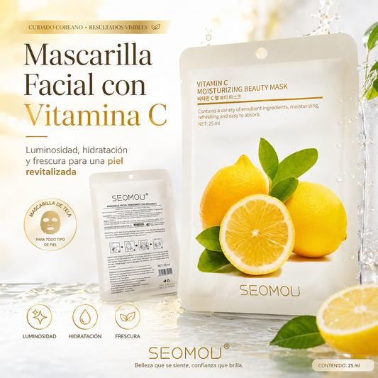 Pack 4 Mascarillas Faciales SEOMOU  con Vitamina C | Piel Luminosa, Hidratada y Revitalizada