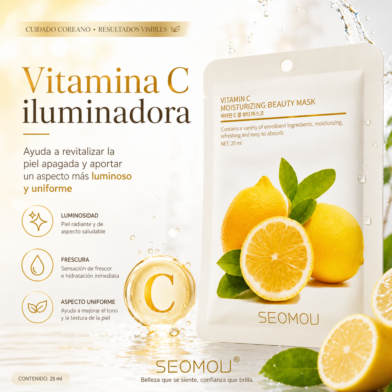 Pack 4 Mascarillas Faciales SEOMOU  con Vitamina C | Piel Luminosa, Hidratada y Revitalizada