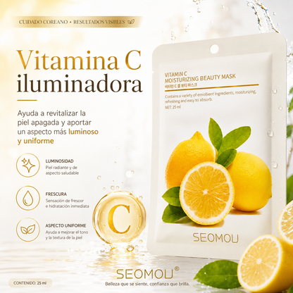 Pack 4 Mascarillas Faciales SEOMOU  con Vitamina C | Piel Luminosa, Hidratada y Revitalizada