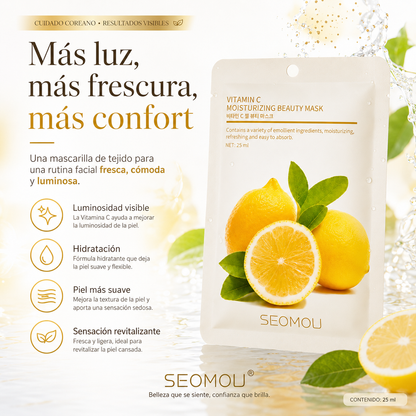 Pack 4 Mascarillas Faciales SEOMOU  con Vitamina C | Piel Luminosa, Hidratada y Revitalizada