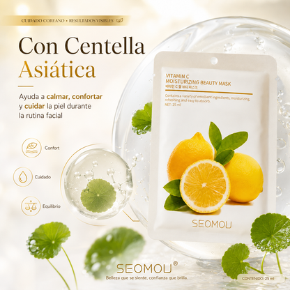 Pack 4 Mascarillas Faciales SEOMOU  con Vitamina C | Piel Luminosa, Hidratada y Revitalizada