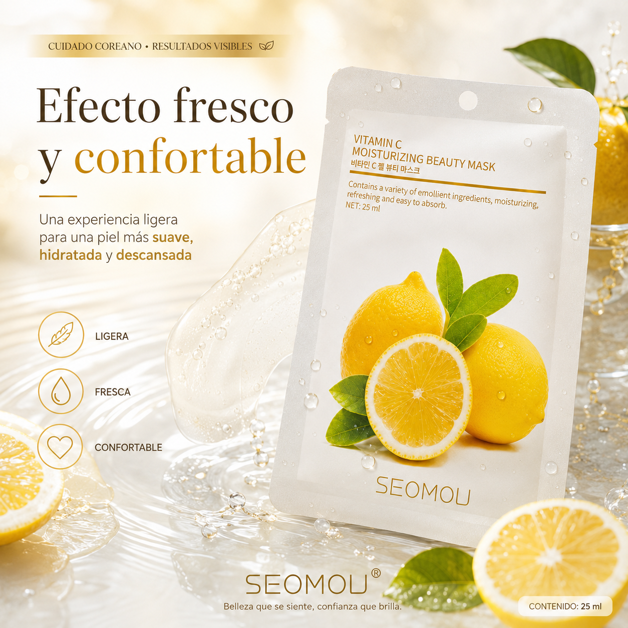 Pack 4 Mascarillas Faciales SEOMOU  con Vitamina C | Piel Luminosa, Hidratada y Revitalizada