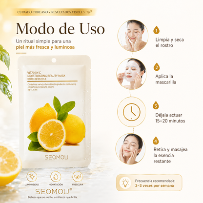 Pack 4 Mascarillas Faciales SEOMOU  con Vitamina C | Piel Luminosa, Hidratada y Revitalizada