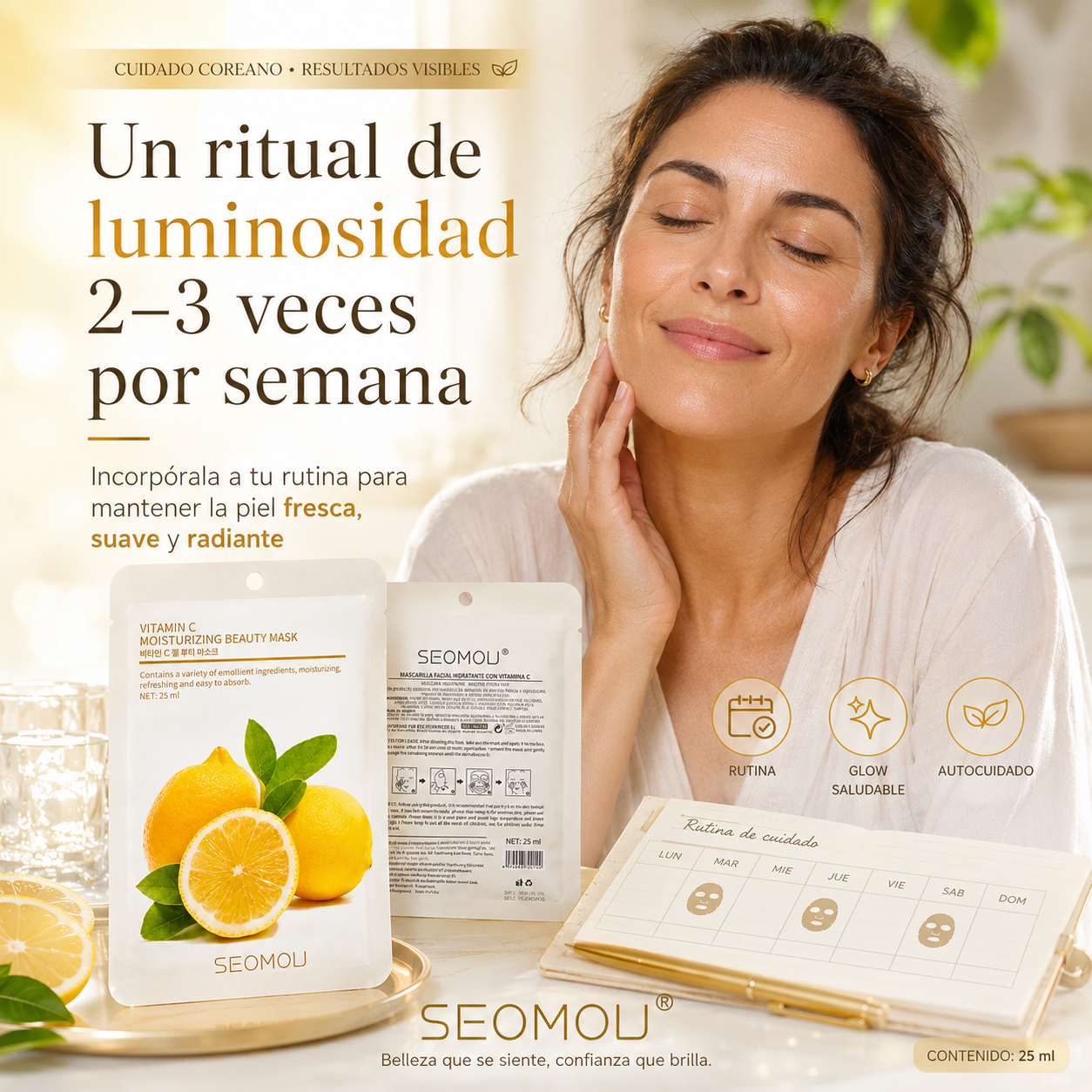 Pack 4 Mascarillas Faciales SEOMOU  con Vitamina C | Piel Luminosa, Hidratada y Revitalizada
