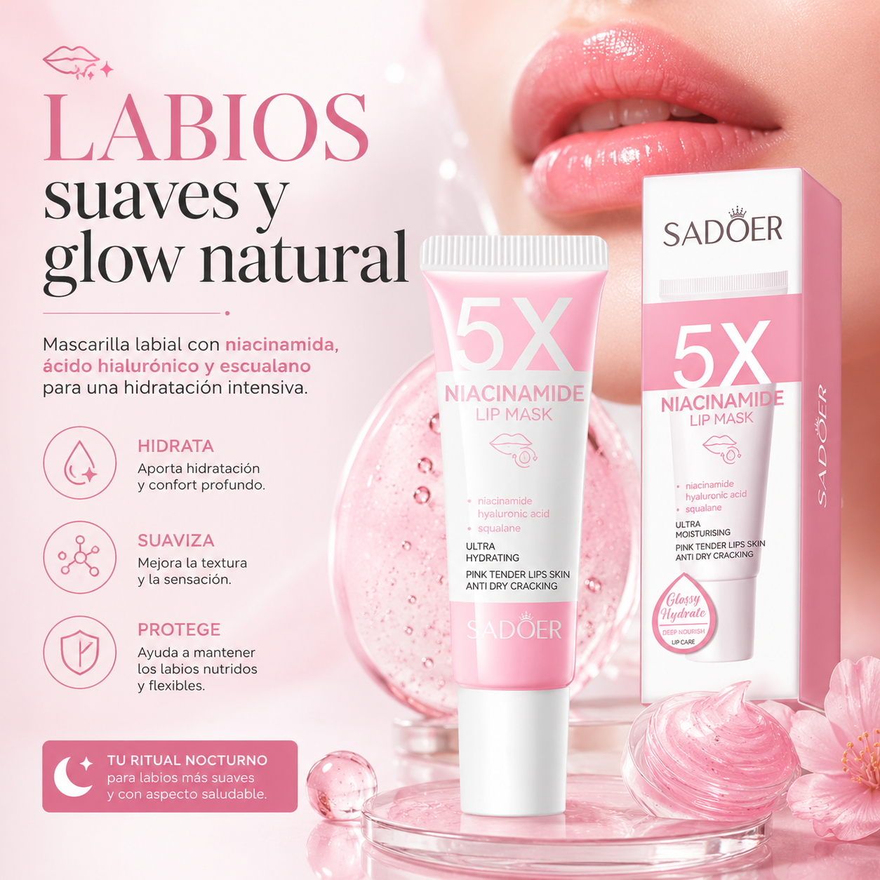 Mascarilla Labial Hidratante con Niacinamida, Ácido Hialurónico y Escualano | Labios Suaves y Glow Natural