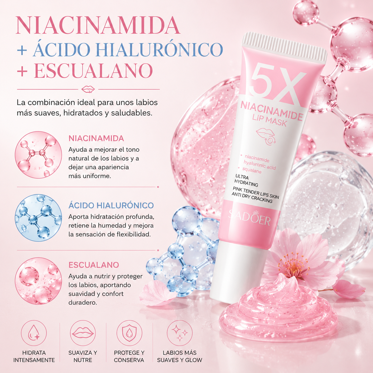 Mascarilla Labial Hidratante con Niacinamida, Ácido Hialurónico y Escualano | Labios Suaves y Glow Natural