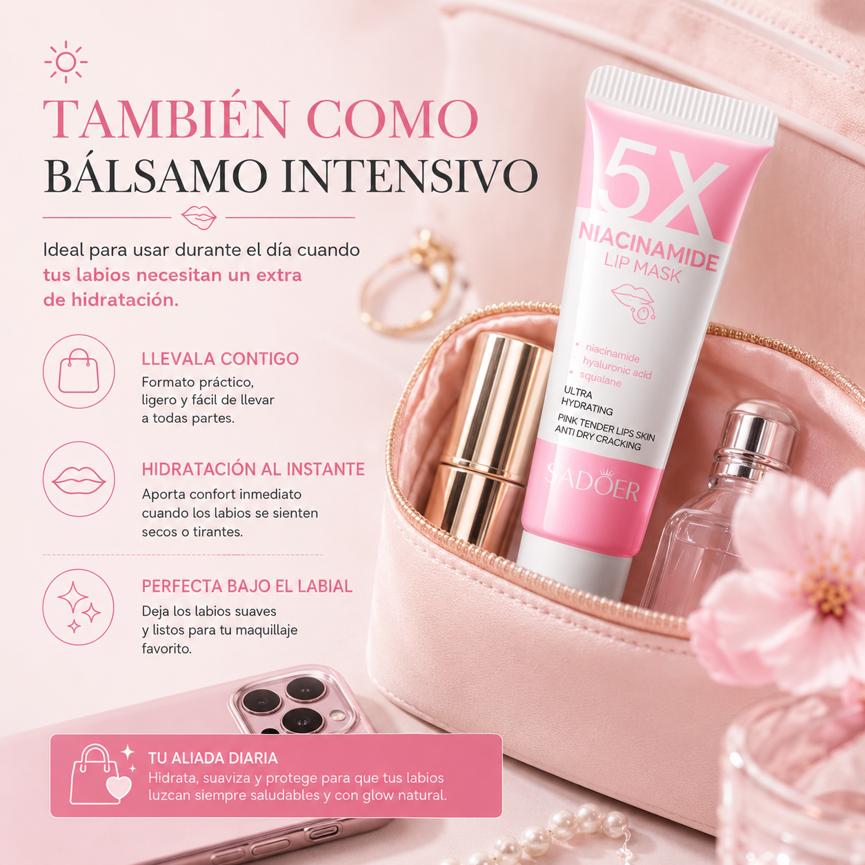 Mascarilla Labial Hidratante con Niacinamida, Ácido Hialurónico y Escualano | Labios Suaves y Glow Natural