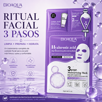 Mascarilla Facial 3 Pasos con Ácido Hialurónico | Limpieza, Esencia y Hidratación Intensiva BIOAQUA