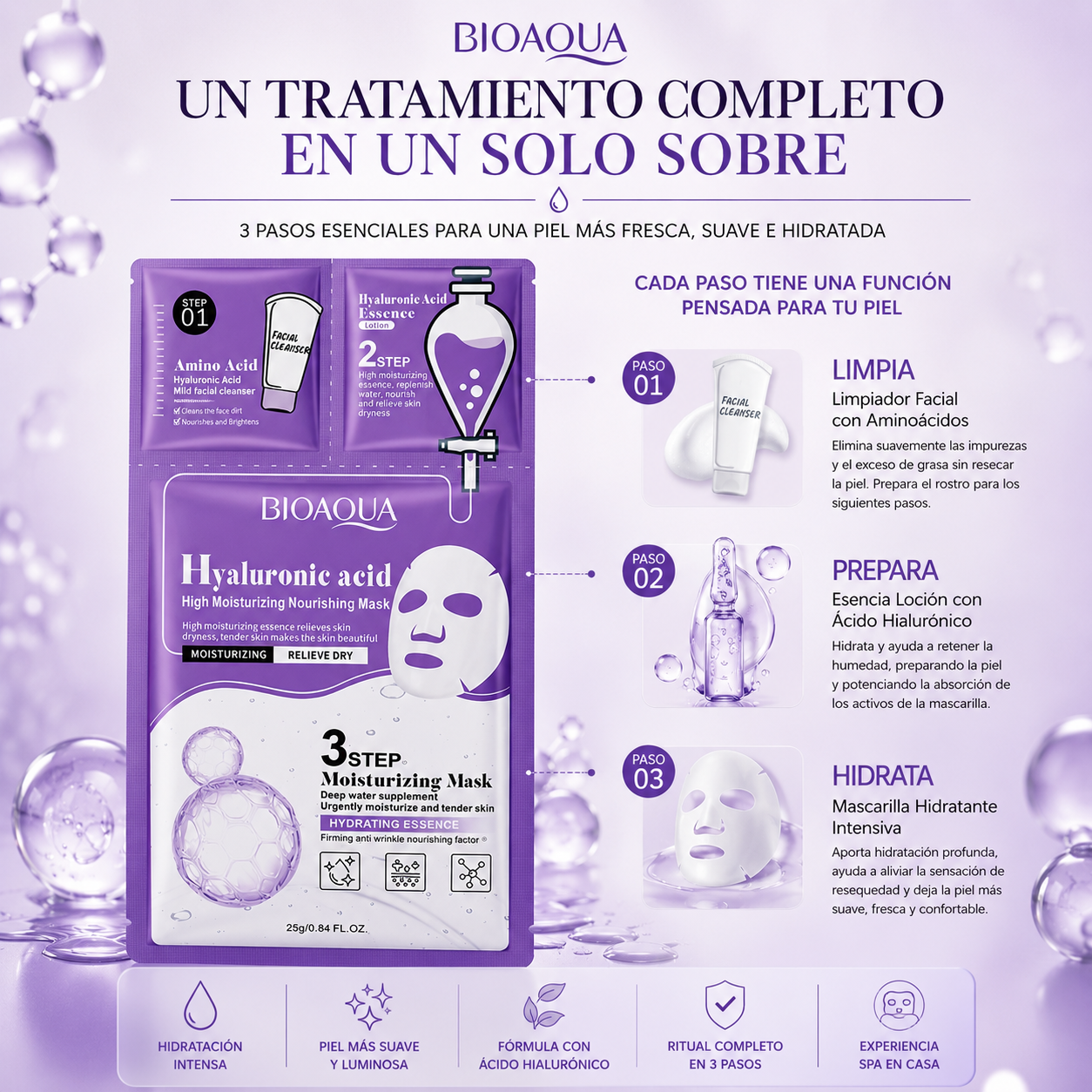 Mascarilla Facial 3 Pasos con Ácido Hialurónico | Limpieza, Esencia y Hidratación Intensiva BIOAQUA