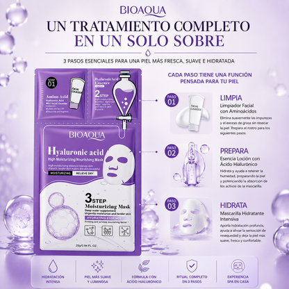 Mascarilla Facial 3 Pasos con Ácido Hialurónico | Limpieza, Esencia y Hidratación Intensiva BIOAQUA