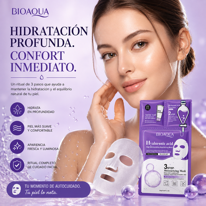 Mascarilla Facial 3 Pasos con Ácido Hialurónico | Limpieza, Esencia y Hidratación Intensiva BIOAQUA