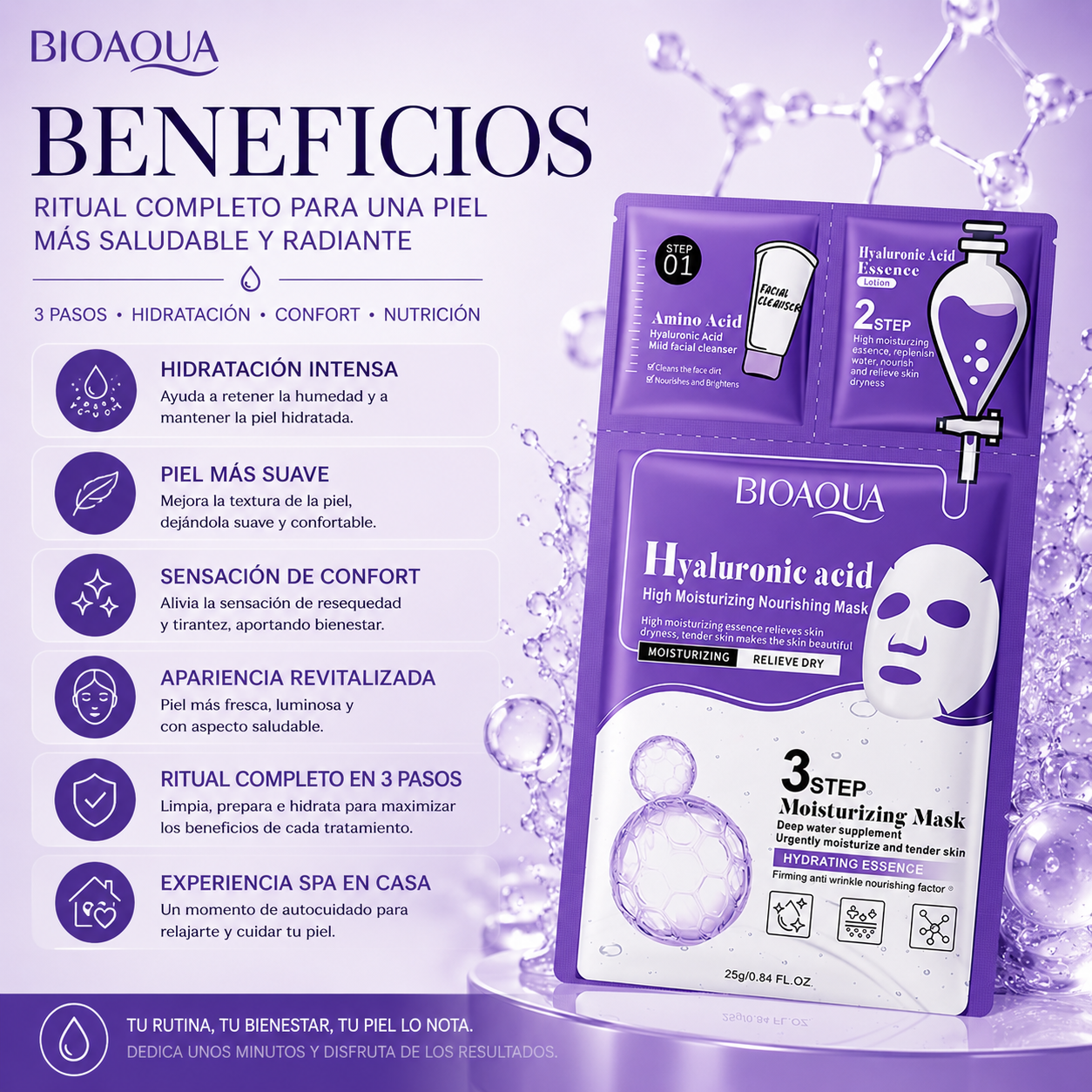 Mascarilla Facial 3 Pasos con Ácido Hialurónico | Limpieza, Esencia y Hidratación Intensiva BIOAQUA