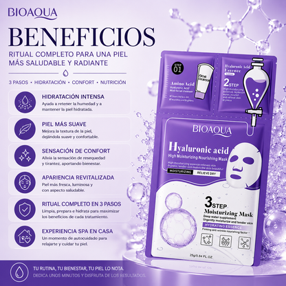 Mascarilla Facial 3 Pasos con Ácido Hialurónico | Limpieza, Esencia y Hidratación Intensiva BIOAQUA