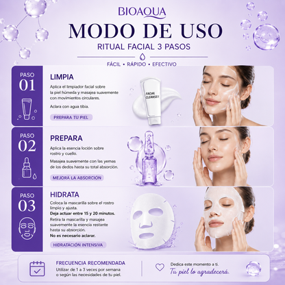Mascarilla Facial 3 Pasos con Ácido Hialurónico | Limpieza, Esencia y Hidratación Intensiva BIOAQUA