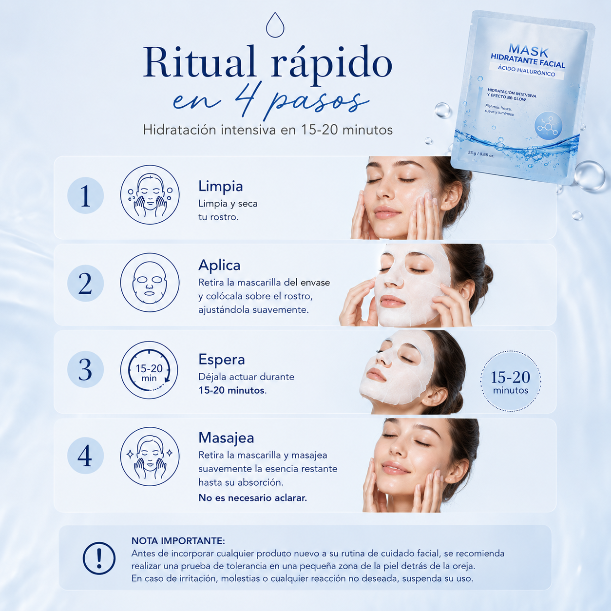 Mascarilla Facial Hidratante con Ácido Hialurónico | Hidratación Intensiva y Efecto BB Glow