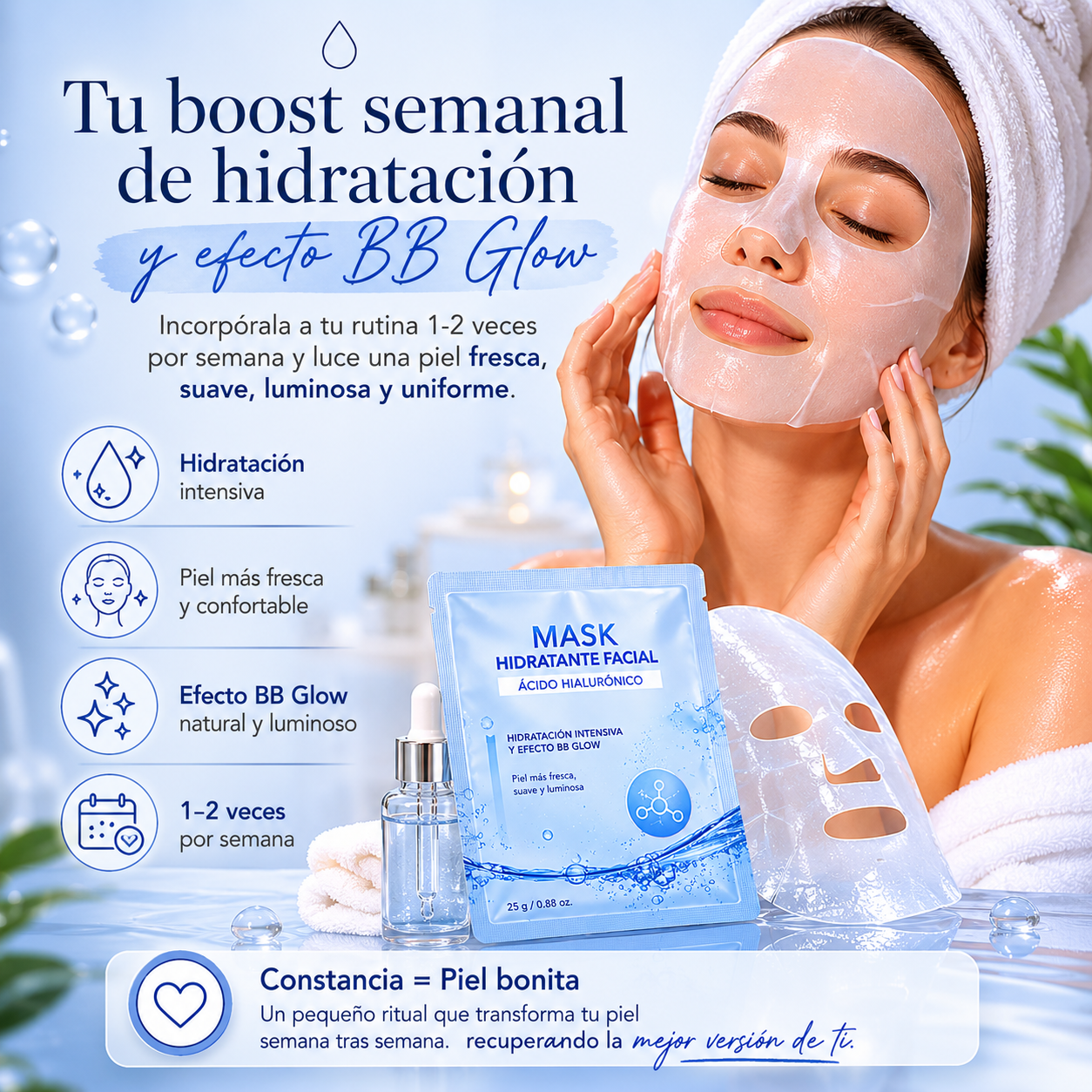 Mascarilla Facial Hidratante con Ácido Hialurónico | Hidratación Intensiva y Efecto BB Glow