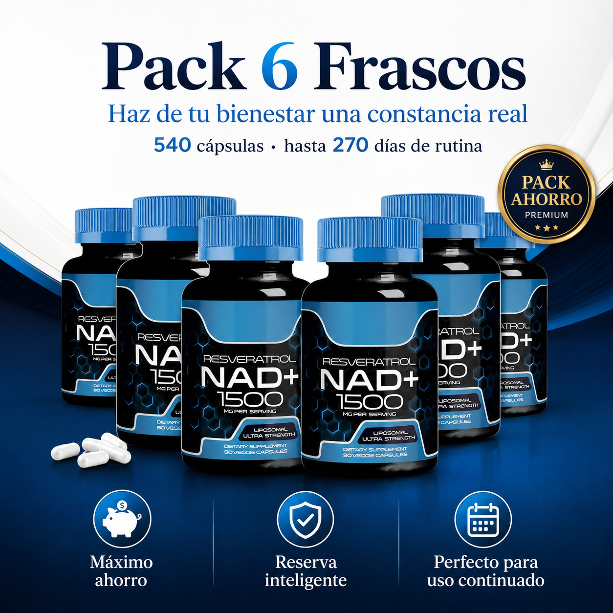 Liposomal NAD+ con Resveratrol 1500 mg – Suplemento para Energía Celular, Vitalidad y Envejecimiento Saludable | 90 Cápsulas