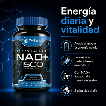 Liposomal NAD+ con Resveratrol 1500 mg – Suplemento para Energía Celular, Vitalidad y Envejecimiento Saludable | 90 Cápsulas