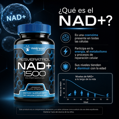 Liposomal NAD+ con Resveratrol 1500 mg – Suplemento para Energía Celular, Vitalidad y Envejecimiento Saludable | 90 Cápsulas