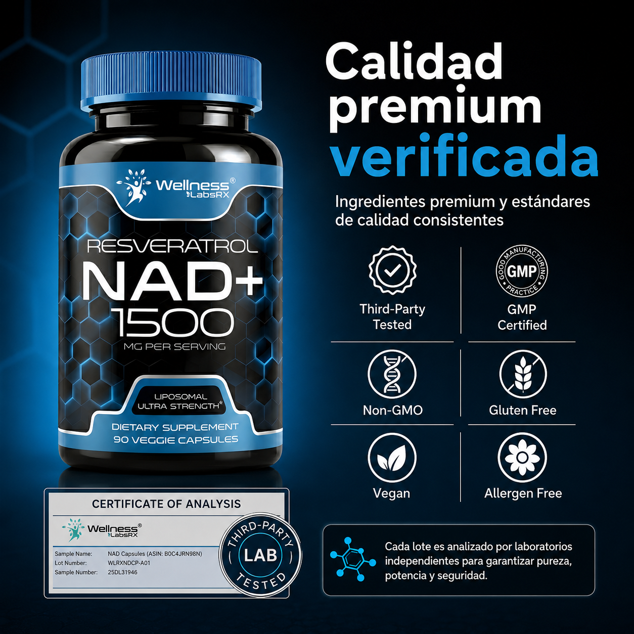 Liposomal NAD+ con Resveratrol 1500 mg – Suplemento para Energía Celular, Vitalidad y Envejecimiento Saludable | 90 Cápsulas
